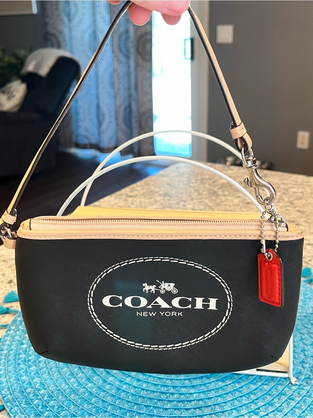 Coach Black & Beige Leather Logo Wristlet with Red Tag